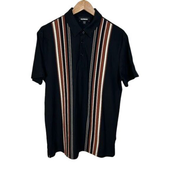 Express Striped Luxe Polo Button Up Shirt Mens M Black Short Sleeve Pique - Picture 1 of 7